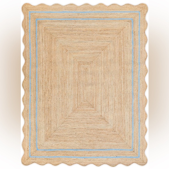 NEW scalloped woven natural jute rug -natural/sky blue -3x5 rectangular